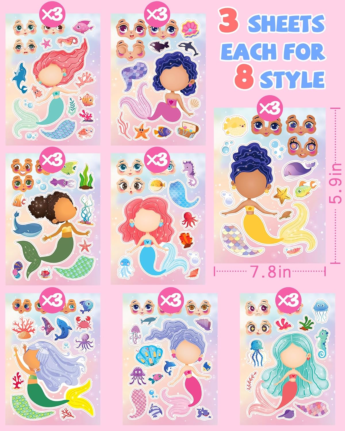24 Pcs Make Your Own Mermaid Sticker Sheets for Kids with Mermaid Face Stickers for Toddlers Girls Crafts Activities Gift Bag Stuffers Birthday Party Valentines Day Gifts for Kids Classroom
