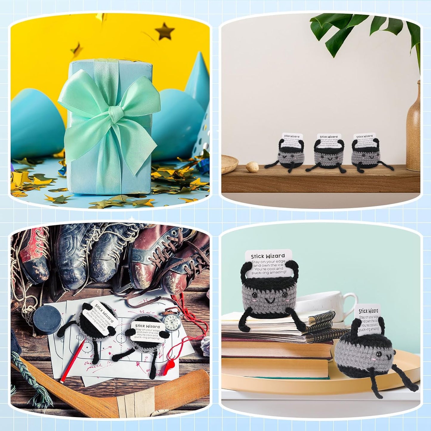 12pcs Funny Hockey Puck Gifts for Team Bulk Positive Hockey Balls with Motivational Cards Handmade Mini Crochet Team Gift for Coach Women Men Coworker Birthday Christmas Party Favors