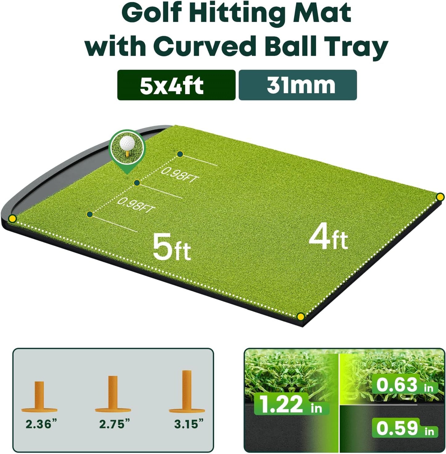 Integrated Golf Hitting Mat with Curved Ball Tray 5x4ft 6x4ft 26mm 31mm Thickening Golf Practice Mats Indoor & Outdoor, Durable Golf Turf Matt with 3 Tees for Hitting Chipping Striking, Swinging
