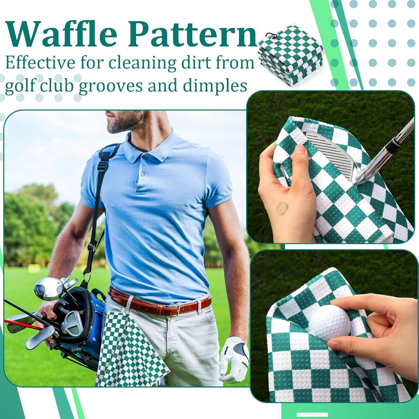 12 Pcs Golf Towels Bulk for Bags Microfiber Waffle Pattern Golf Towel with Clip 16'' x 16'', Ultra Absorbent Quick-Dry, Mini Tournament Yoga Fitness Men's Gifts(Emerald Green)