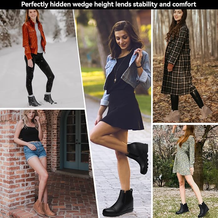 Athlefit Women's Wedge Ankle Boots Comfortable Slip On Wedge Booties - Image 6