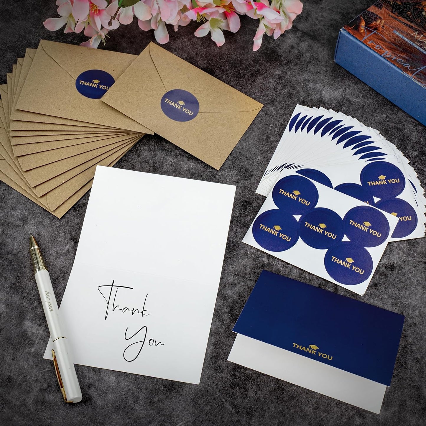 100 Bulk Navy Graduation Thank You Cards with Kraft Envelopes and stickers - 4 Minimalistic Designs Blank Thank You Notes with Envelopes navy blue Graduation cards
