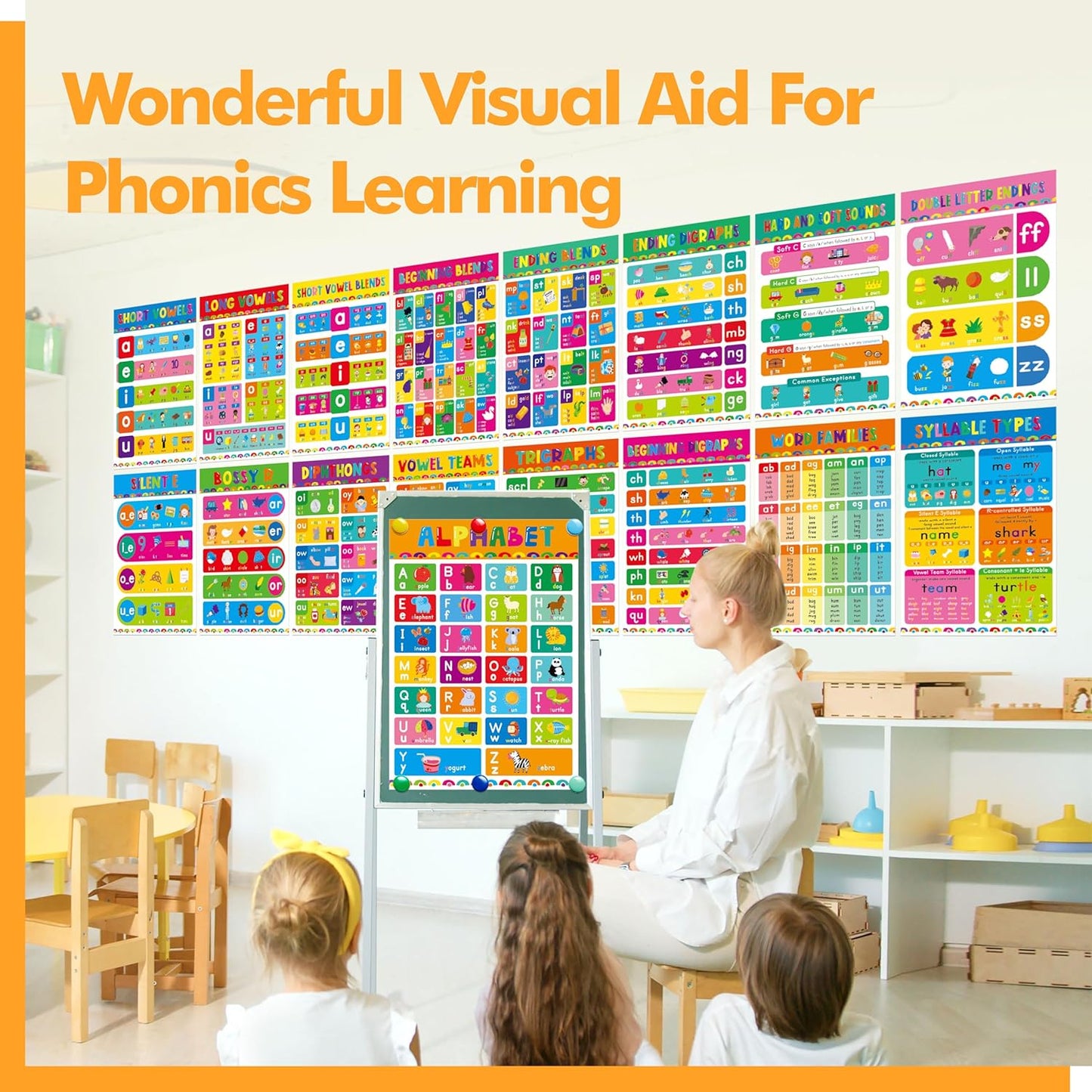 17 English Phonics Posters, Language Education Charts, Learning Vowels, Alphabet Posters, PET Film Covered Phonics Learning Tool For Kindergarten Classroom, Bulletin Board, Kids’ Room, 11”x16”
