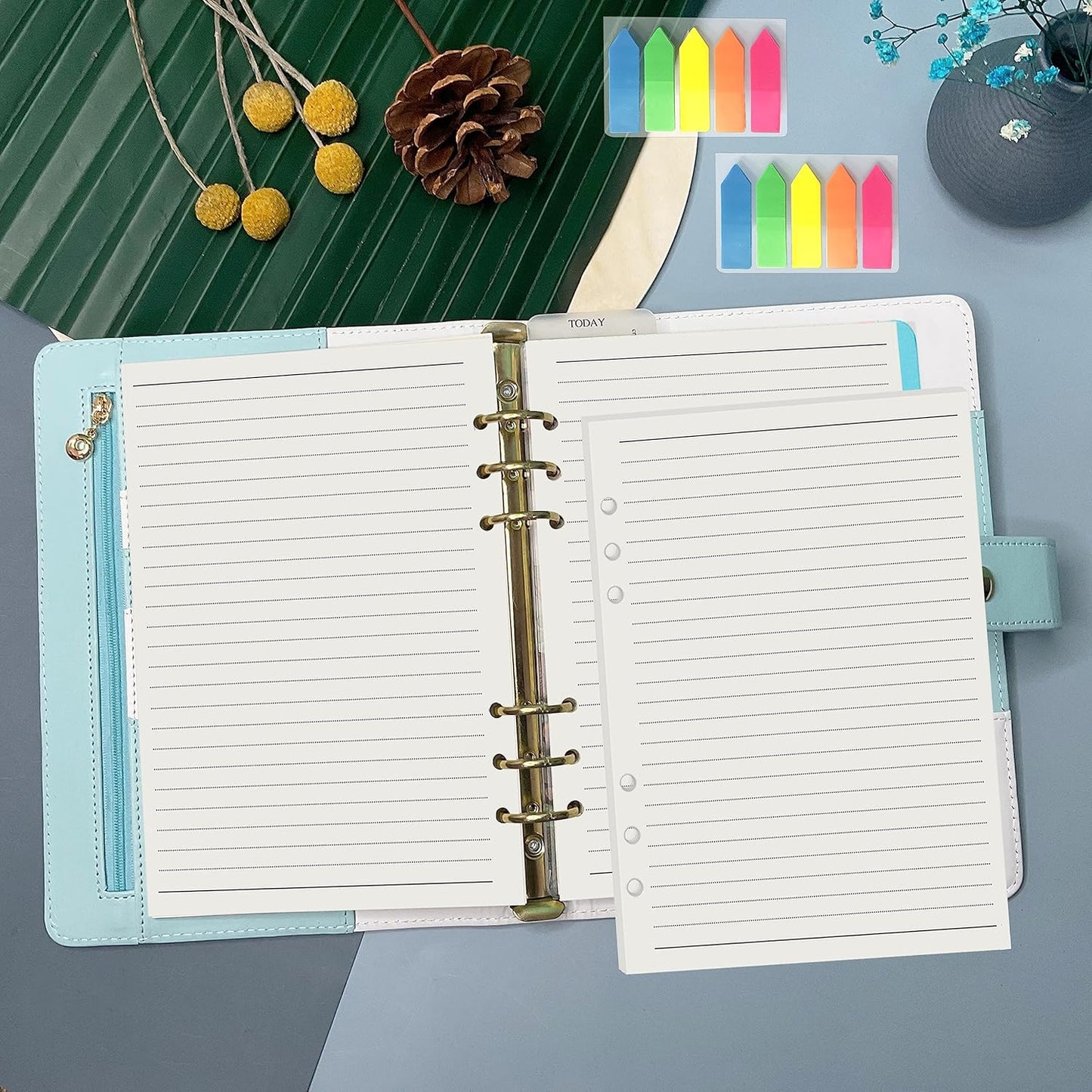 Harphia A5 6 Holes Binder Refill Value Set, 90sheets rulled line loose leaf paper with stickers and dividers, planner inserts with binder pockets for A5 binder 6 holes refillable notebook,005da5line