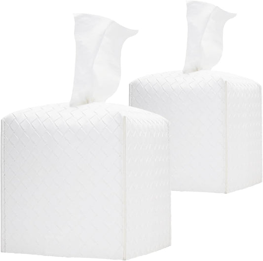 HOMOTEK 2 Pack Tissue Box Cover,PU Leather Tissue Holder,Square Decorative Facial Tissue Cube Paper Organizer Dispenser for Bathroom, Night Stands, Desk, Car 5X5X5'' - Woven Waffle, Pure White
