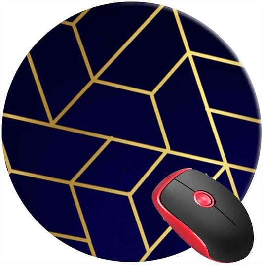 Mouse Pad Geometric Navy Blue Gold, Round Mousepad, Non-Slip Rubber Base Mouse by SUFPMP