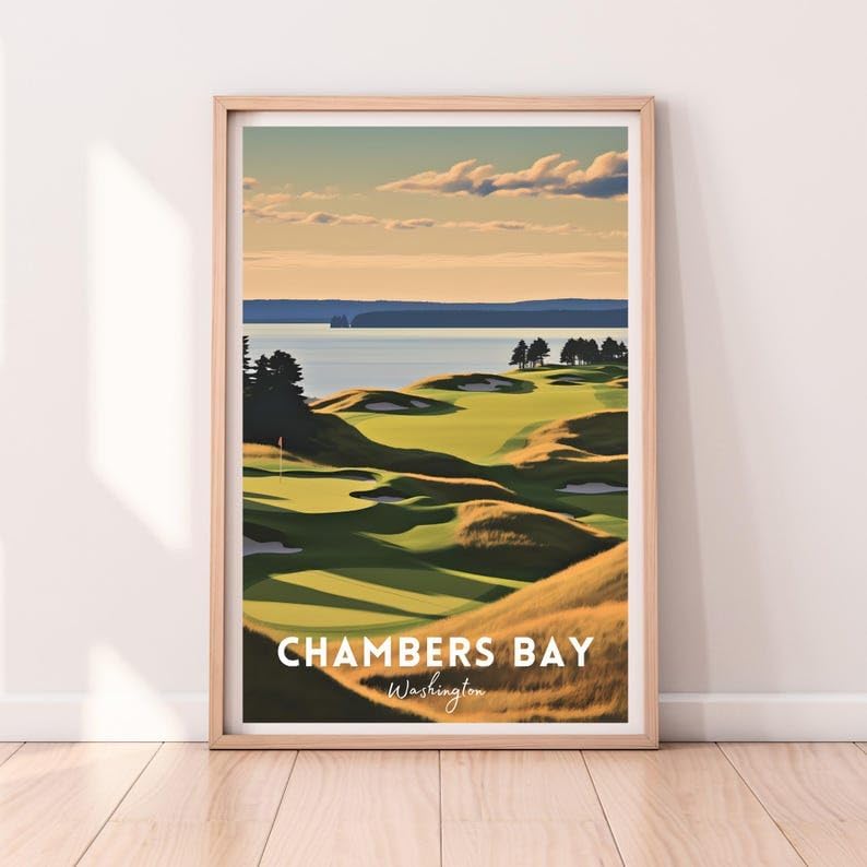 Nationcog Chambers Bay Golf Poster, Vintage Washington Travel Wall Art Print, Retro Coastal Golf Landscape Decor, Sports Artwork Gift for Men or Office (Unframed) (27x40)