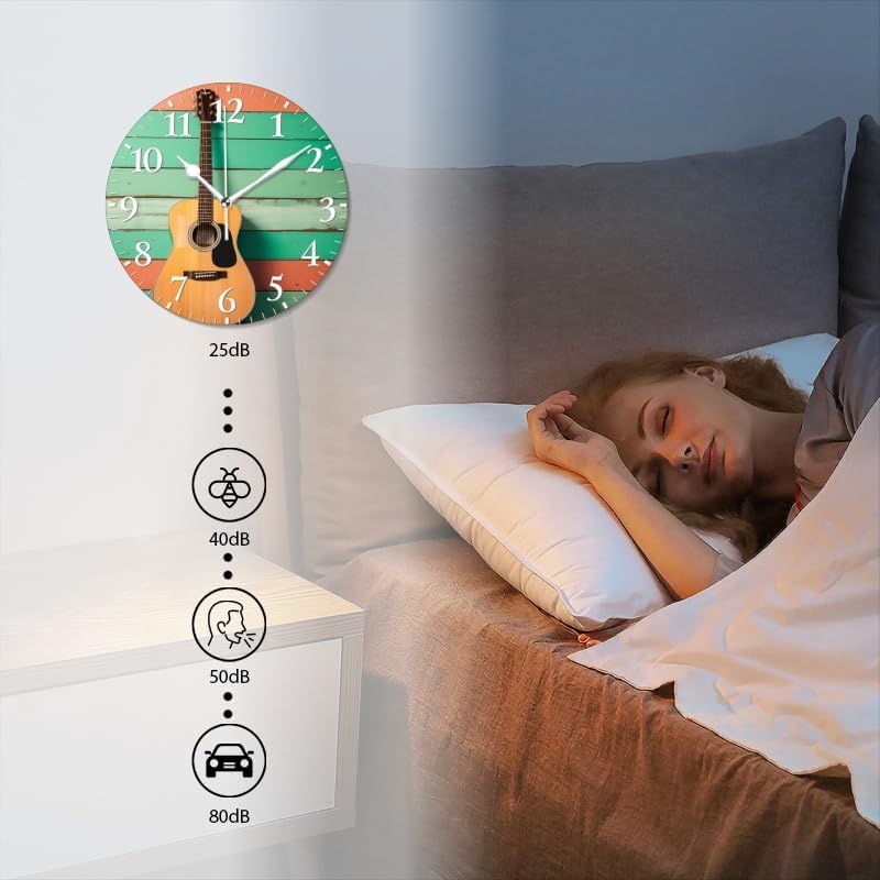 Guitar Wall Clock Non-Ticking Silent Clocks Battery Operated Analog Decor Clock for Home-Acoustic Guitar Leaning Against Wooden Wall(10inch)