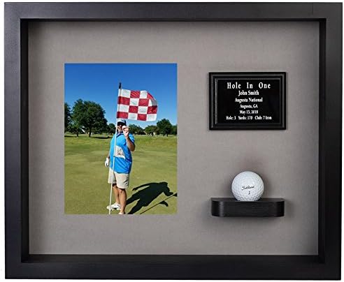 Hole in One Shadowbox and Golf Ball Display Case | Personalized Engraved Plate | Holds Golf Ball and Scorecard or Photo |4 Color Finishes | Wall Mounted (Vertical, Black/Gray)