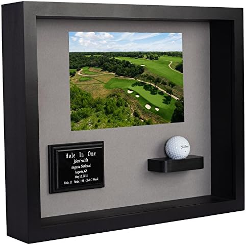 Hole in One Shadowbox and Golf Ball Display Case | Personalized Engraved Plate | Holds Golf Ball and Scorecard or Photo |4 Color Finishes | Wall Mounted (Horizontal, Black/Gray)