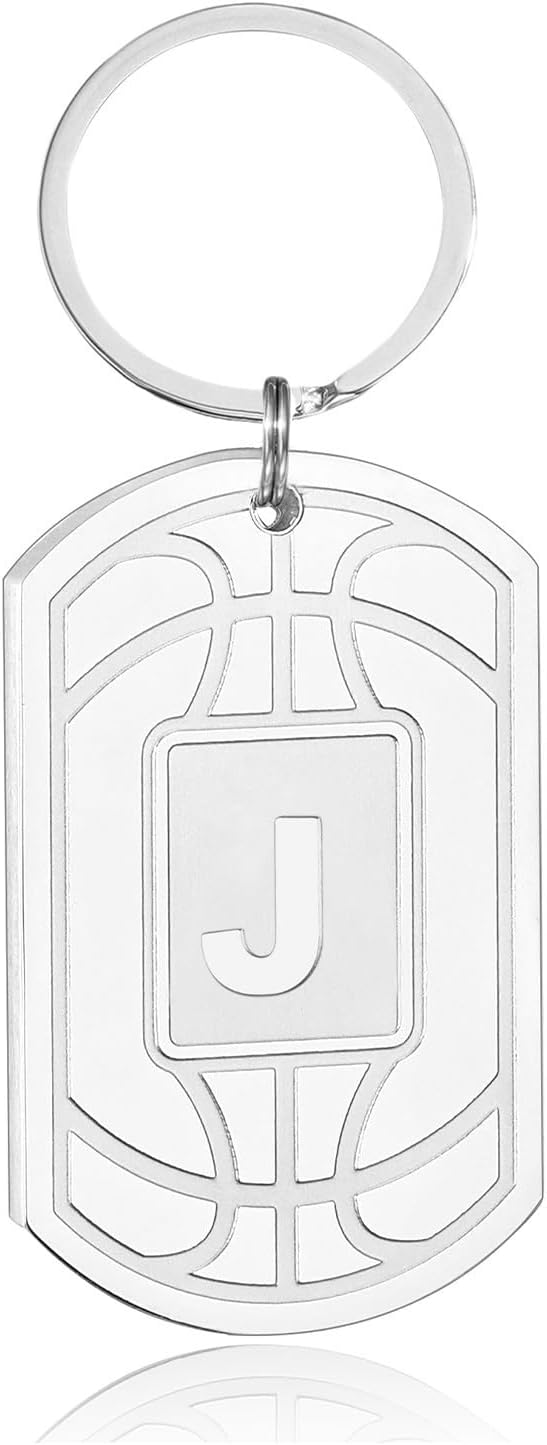 Initial Keychain Gifts for Men,Basketball Dog Tag Mens Keychains for Men Him Dad