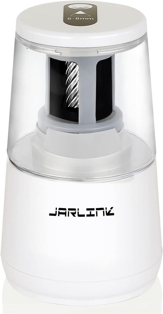 JARLINK Electric Pencil Sharpener, Heavy-Duty Helical Blade to Fast Sharpen, Auto Stop for No.2/Colored Pencils(6-8mm), AC Adapter/Battery Operated in School Classroom/Office/Home (White)