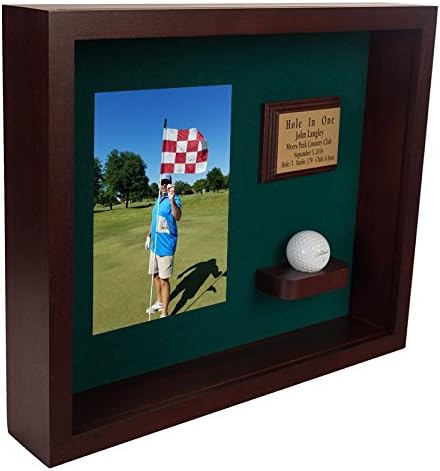 Hole in One Shadowbox and Golf Ball Display Case | Personalized Engraved Plate | Holds Golf Ball and Scorecard or Photo | Vertical Layout | Cherry Finis | Wall Mounted