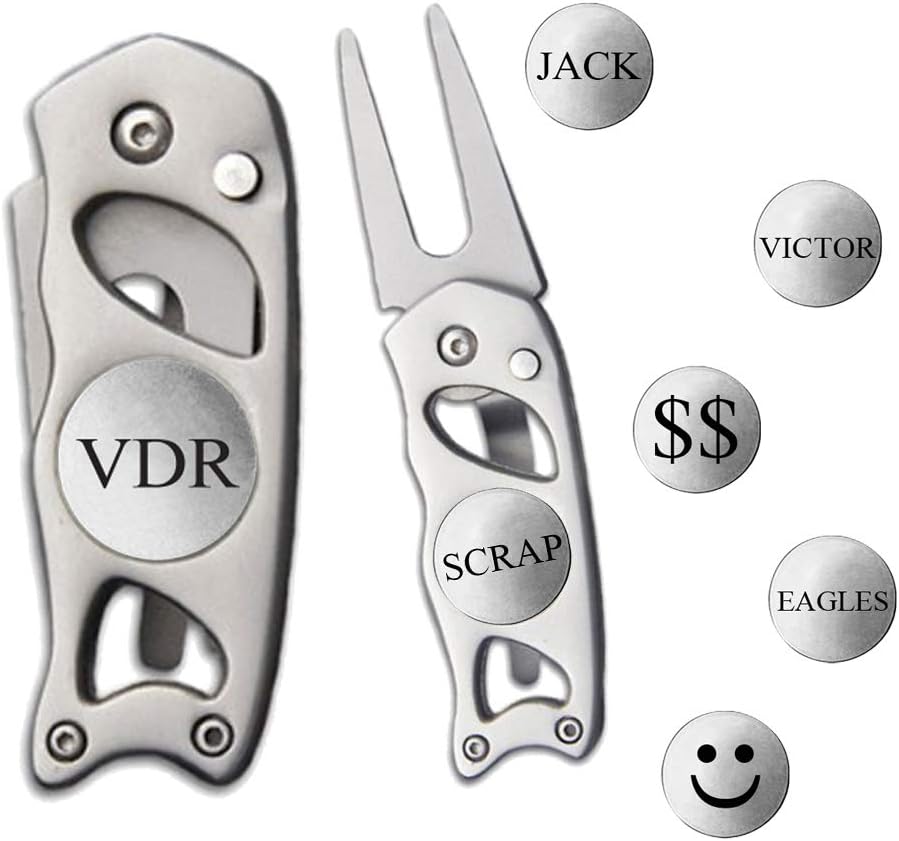 Indiana Metal Craft Switchblade Golf Divot Repair Tool Stainless Steel Personalized with 2 Ball Markers (1 Spare), Silver