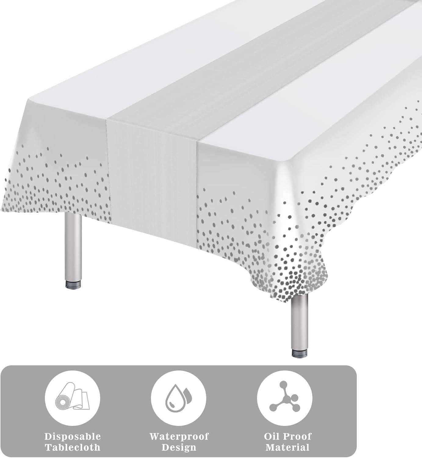 16 Packs Plastic Table Cloth Rectangle Table Disposable and Satin Table Runner, White and Silver Tablecloth Table Runner Cover for Christmas New Year Birthday Wedding Anniversary Party Decorations