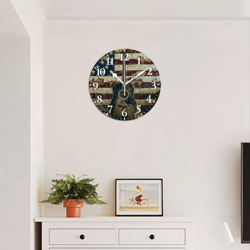 Guitar Wall Clock Non-Ticking Silent Clocks Battery Operated Analog Decor Clock for Home-Acoustic Guitar Leaning Against Old American Flag(10inch)