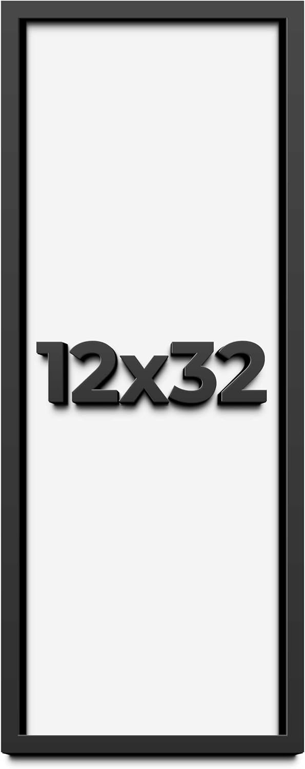 12x32 Shadow Box Black Solid Wood Display Frame with White Acid-Free Backing UV Acrylic & Hanging Hardware - with 3/4" Usable Depth