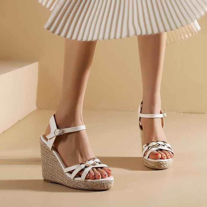 VOKLIN Women's Casual Espadrilles Wedge Sandals Open Toe Ankle Strap Metallic - Image 6