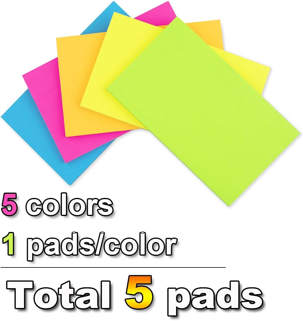 (5 Pads) Sticky Notes 3x5 in Bright Stickies Colorful Super Sticking Power Memo Pads Strong Adhesive