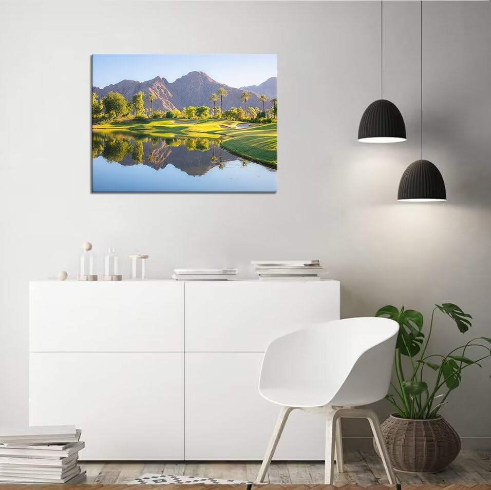 HJY Art USA Golf Course Wall Art California Golf Wall Decor Blue Green Landscape Painting Poster for Home Decor Living Room Bedroom Office Club Gym Framed Artwork Ready to Hang (18 x 24 inch)