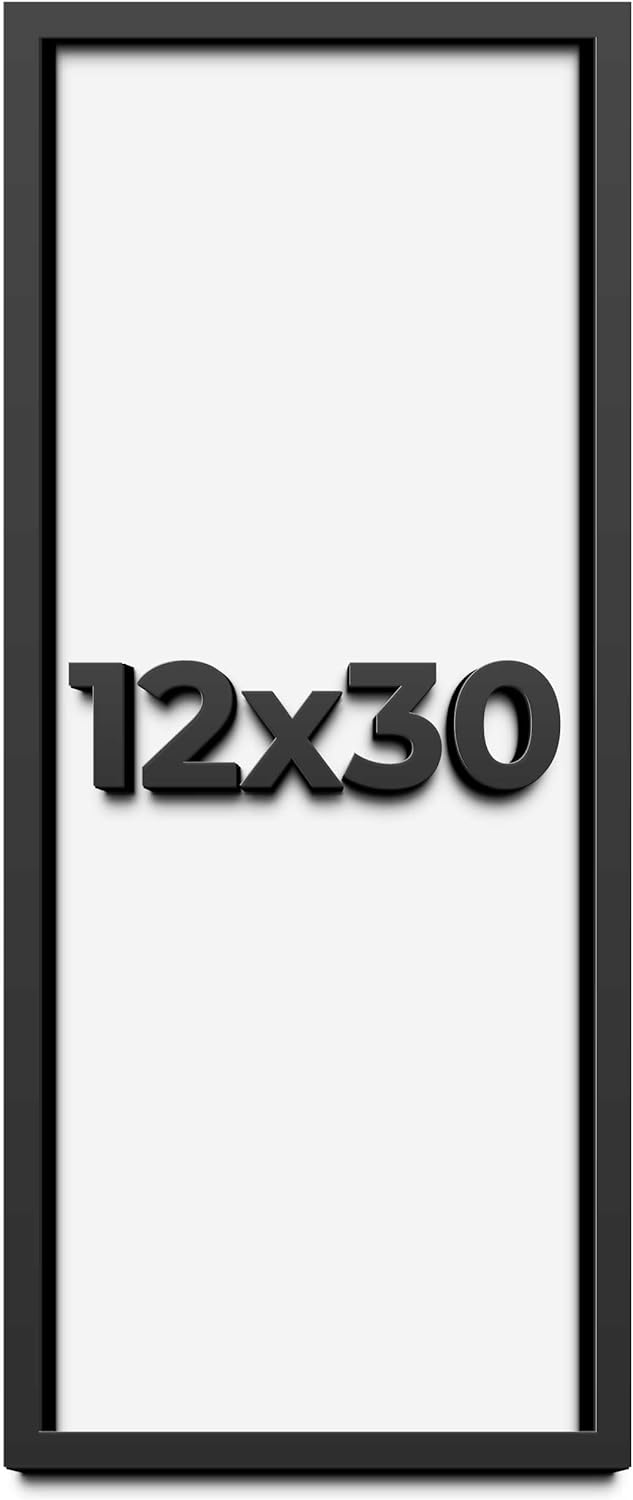 12x30 Shadow Box Black Solid Wood Display Frame with White Acid-Free Backing UV Acrylic & Hanging Hardware - with 3/4" Usable Depth