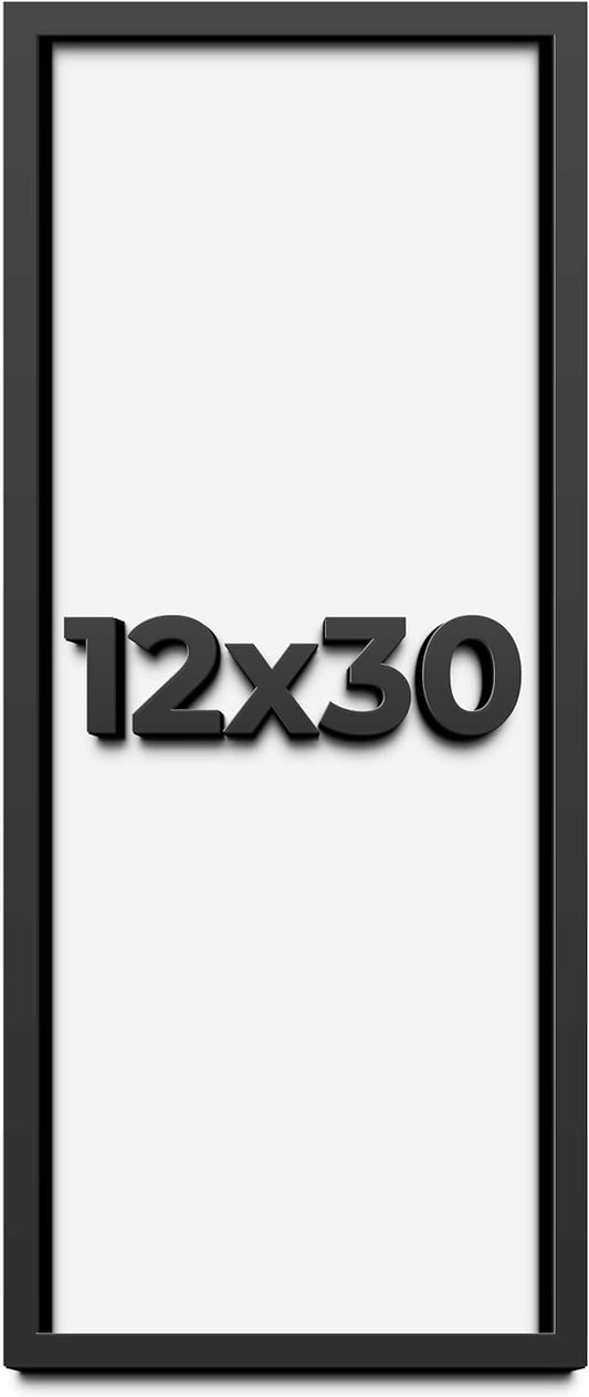 12x30 Shadow Box Black Solid Wood Display Frame with White Acid-Free Backing UV Acrylic & Hanging Hardware - with 3/4" Usable Depth