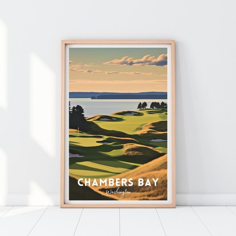 Nationcog Chambers Bay Golf Poster, Vintage Washington Travel Wall Art Print, Retro Coastal Golf Landscape Decor, Sports Artwork Gift for Men or Office (Unframed) (27x40)