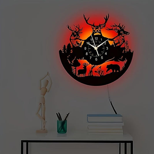 1pc Vinyl Wall Clock -Deer Pattern Wall Decor Silent Clock - 12 Inch Farm Theme Wall Art Black Retro Room Decor