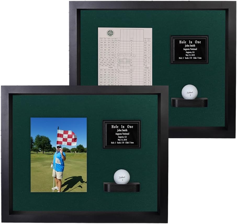 Hole in One Shadowbox and Golf Ball Display Case | Personalized Engraved Plate | Holds Golf Ball and Scorecard or Photo | Vertical Layout | Black Finish | Wall Mounted
