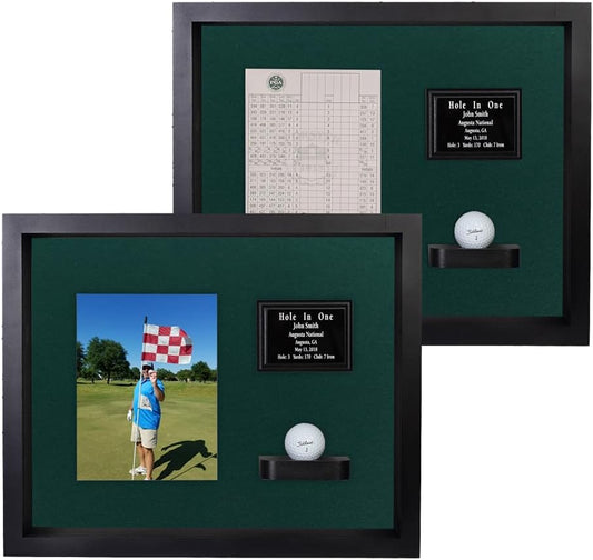 Hole in One Shadowbox and Golf Ball Display Case | Personalized Engraved Plate | Holds Golf Ball and Scorecard or Photo | Vertical Layout | Black Finish | Wall Mounted