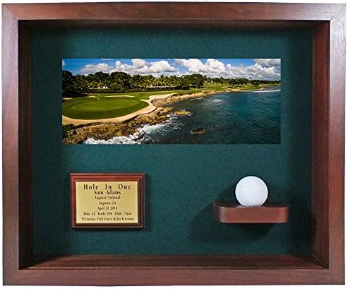 Hole in One Shadowbox and Golf Ball Display Case | Personalized Engraved Plate | Holds Golf Ball and Scorecard or Photo | Horizontal Layout | Cherry Finish | Wall Mounted