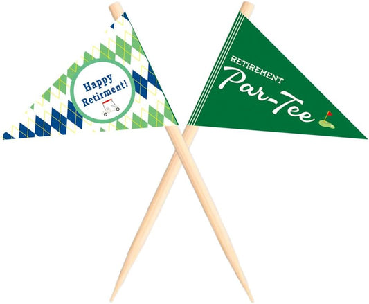Golf Themed Toothpick Flags, 20 PCS Happy Retiremend Par-Tee Golf Cocktail Picks Mini Stick Cupcake Toppers Flags for Retirement Par-Tee Party Food Bar Decorations (Retirement Par-Tee)