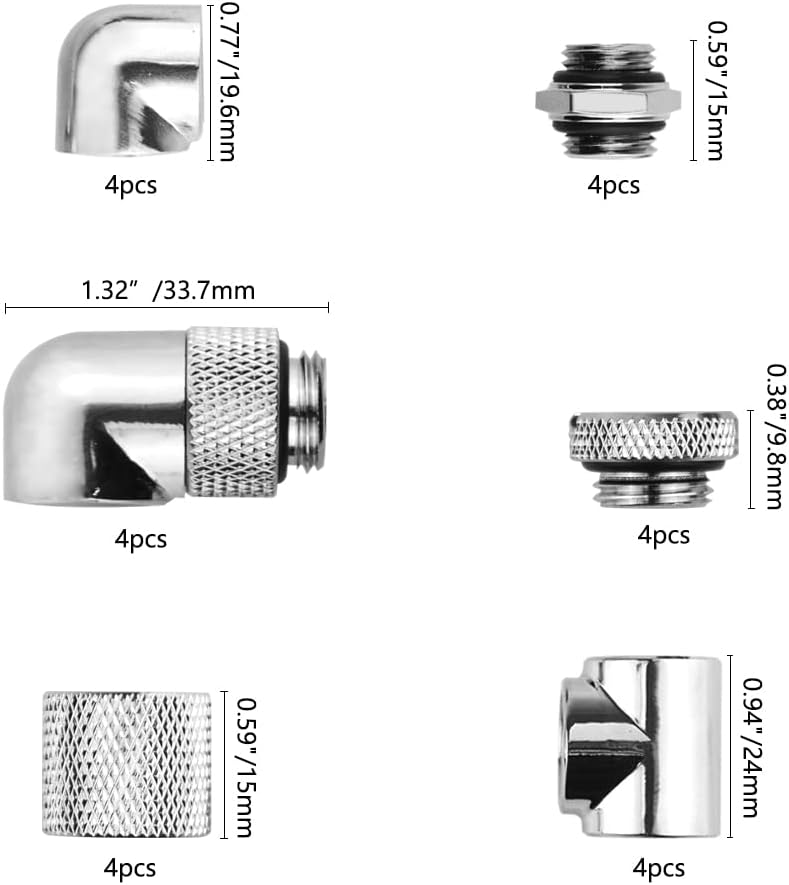 24-Piece Silver Chrome G1/4" Fittings Kit for Custom PC Water Cooling Systems (Silver)
