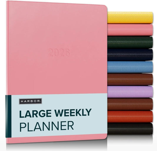 Harbor Large Weekly Monthly Planner 2025-2026 - Calendar Planner and Notebook, Durable Faux Leather, 192 Pages, Softcover & Book Bound - Cambridge Flamingo - 9.75 x 7.5 "