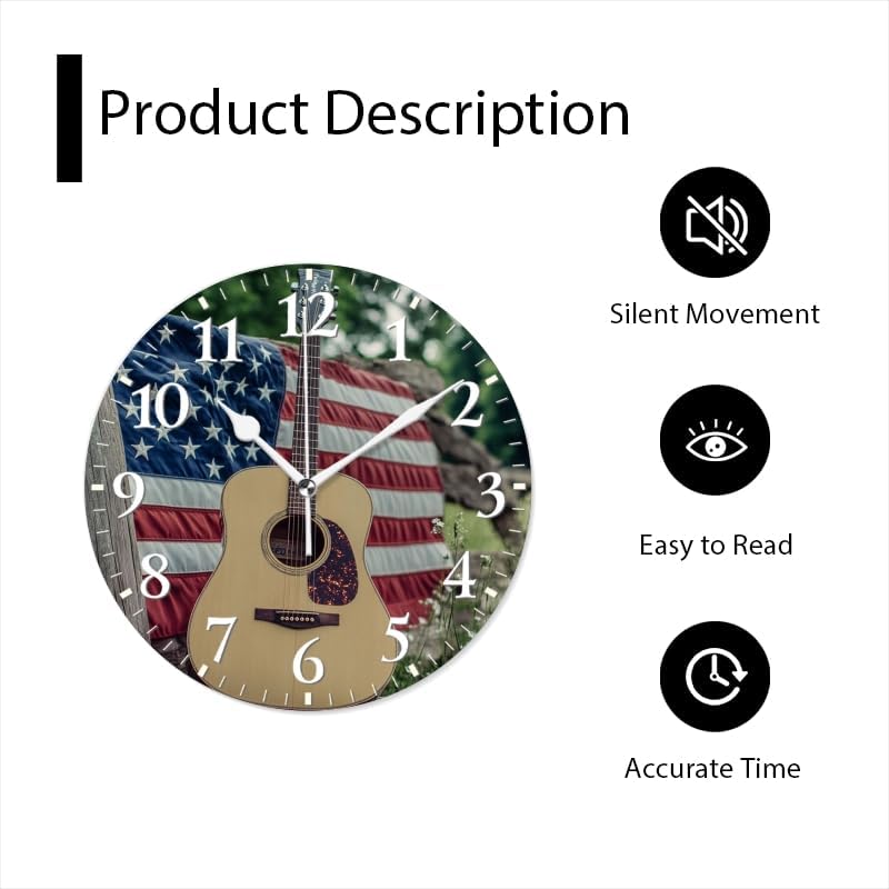 Guitar Wall Clock Non-Ticking Silent Clocks Battery Operated Analog Decor Clock for Home-Guitars Sitting On Fence with American Flag(14inch)
