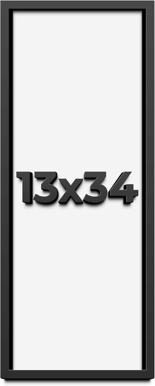 13x34 Shadow Box Black Solid Wood Display Frame with White Acid-Free Backing UV Acrylic & Hanging Hardware | 3/4" Usable Depth