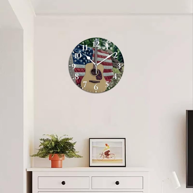 Guitar Wall Clock Non-Ticking Silent Clocks Battery Operated Analog Decor Clock for Home-Guitars Sitting On Fence with American Flag(12inch)
