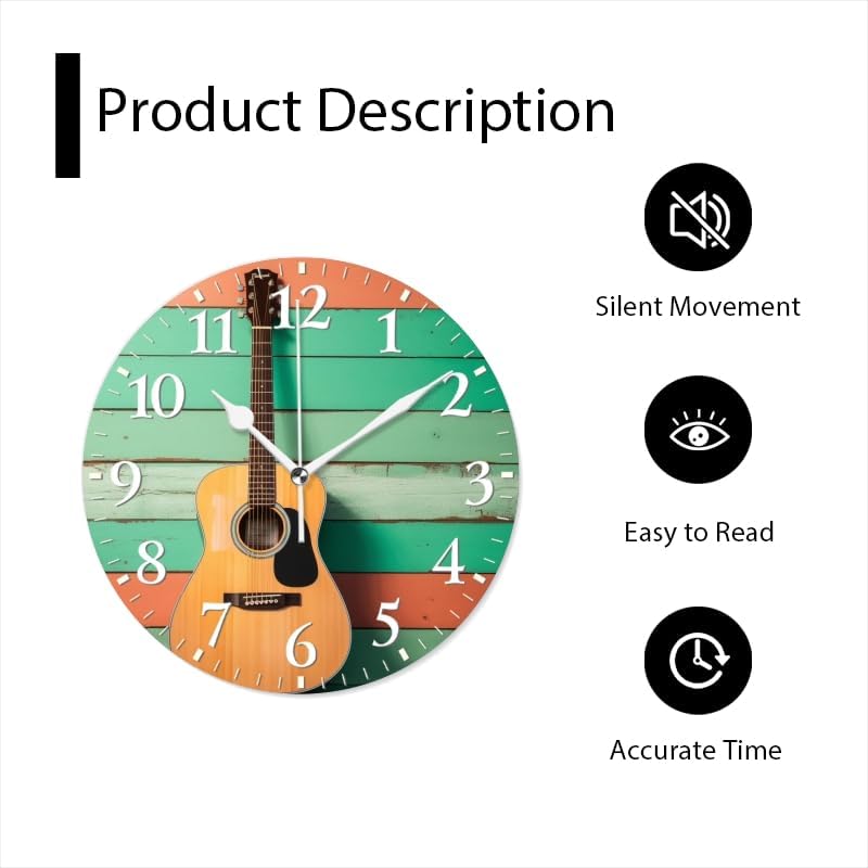 Guitar Wall Clock Non-Ticking Silent Clocks Battery Operated Analog Decor Clock for Home-Acoustic Guitar Leaning Against Wooden Wall(12inch)