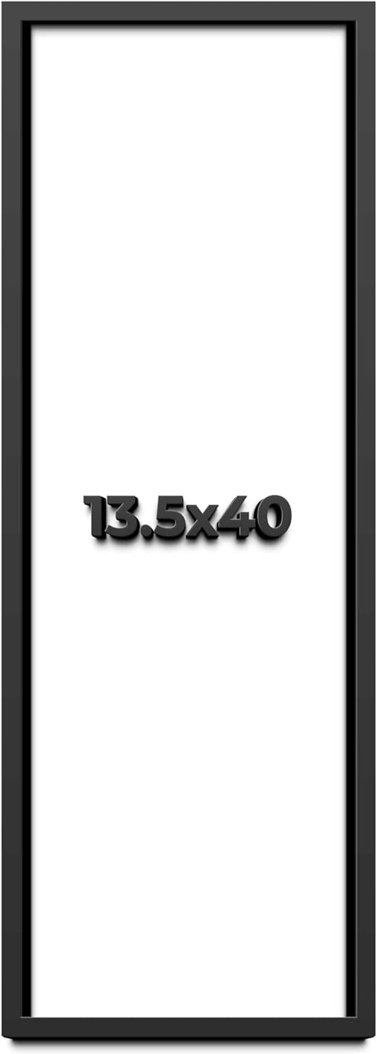 13.5x40 Shadow Box Black Solid Wood Display Frame with White Acid-Free Backing UV Acrylic & Hanging Hardware - with 3/4" Usable Depth