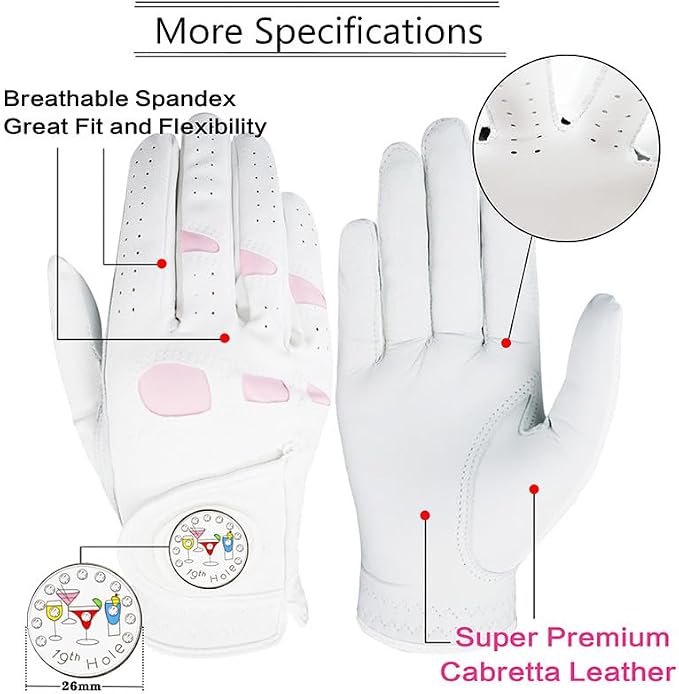 Golf Gloves Women Leather with Ball Marker 3 Pack, Left Hand Right Stylish Pink - Image 2