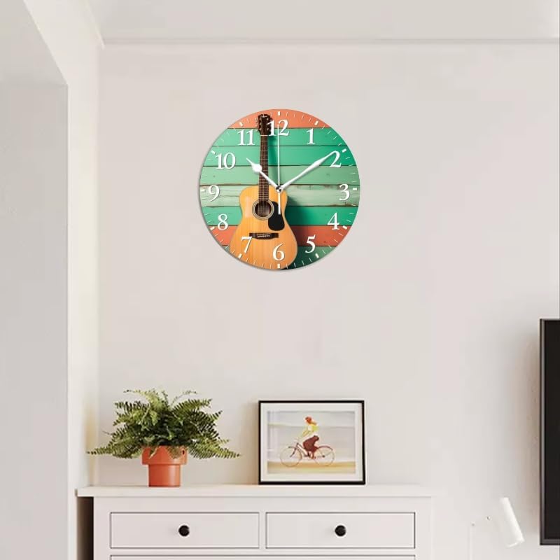 Guitar Wall Clock Non-Ticking Silent Clocks Battery Operated Analog Decor Clock for Home-Acoustic Guitar Leaning Against Wooden Wall(12inch)