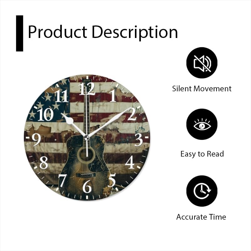 Guitar Wall Clock Non-Ticking Silent Clocks Battery Operated Analog Decor Clock for Home-Acoustic Guitar Leaning Against Old American Flag(12inch)