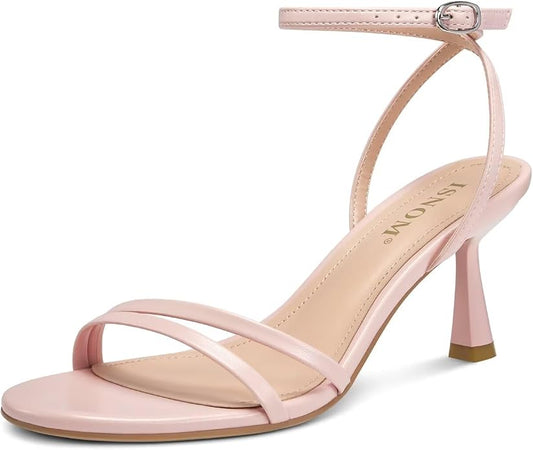 ISNOM Womens Sandals Round Toe Low Heels Strappy Ankle Strap Kitten Heel by ISNOM