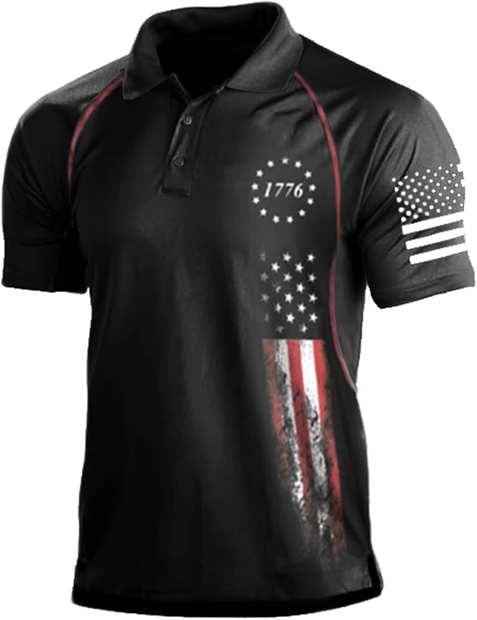 HARGLESMAN Men's 1776 Independence Day American Flag Short Sleeve Polo Golft by HARGLESMAN