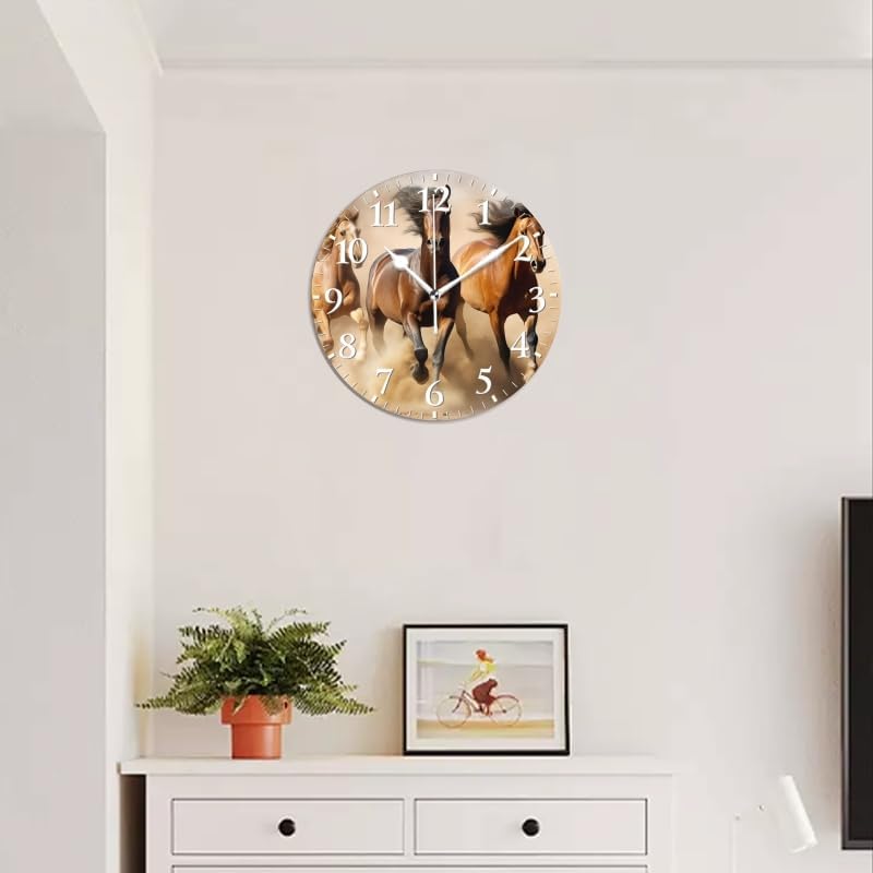 Horses Wall Clock Non-Ticking Silent Clocks Battery Operated Analog Decor Clock for Home-Horses Running Through The Desert Dust Flying(16inch)