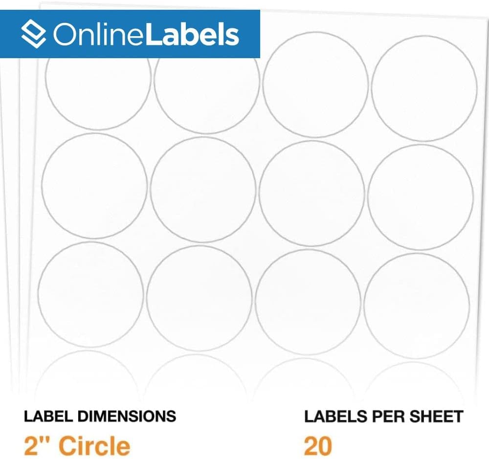 2" Round Labels - Permanent Adhesive, White Matte - Great for Candle and Jar Lids, Products, Favor Labels - Pack of 40,000 Circle Stickers, 2,000 Sheets - Inkjet/Laser Printers, OL5375WX, OnlineLabels