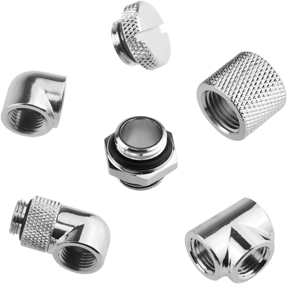 24-Piece Silver Chrome G1/4" Fittings Kit for Custom PC Water Cooling Systems (Silver)