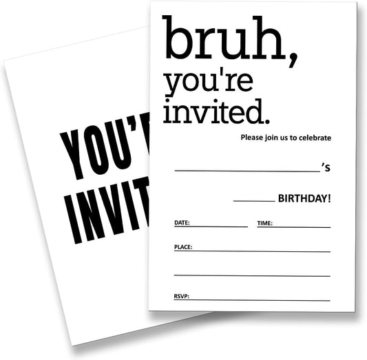 Birthday Invitations for Boys Supplies with Envelopes Set of 20 Bruh Black and White Birthday Invitations Fill in Blank, Double Sided