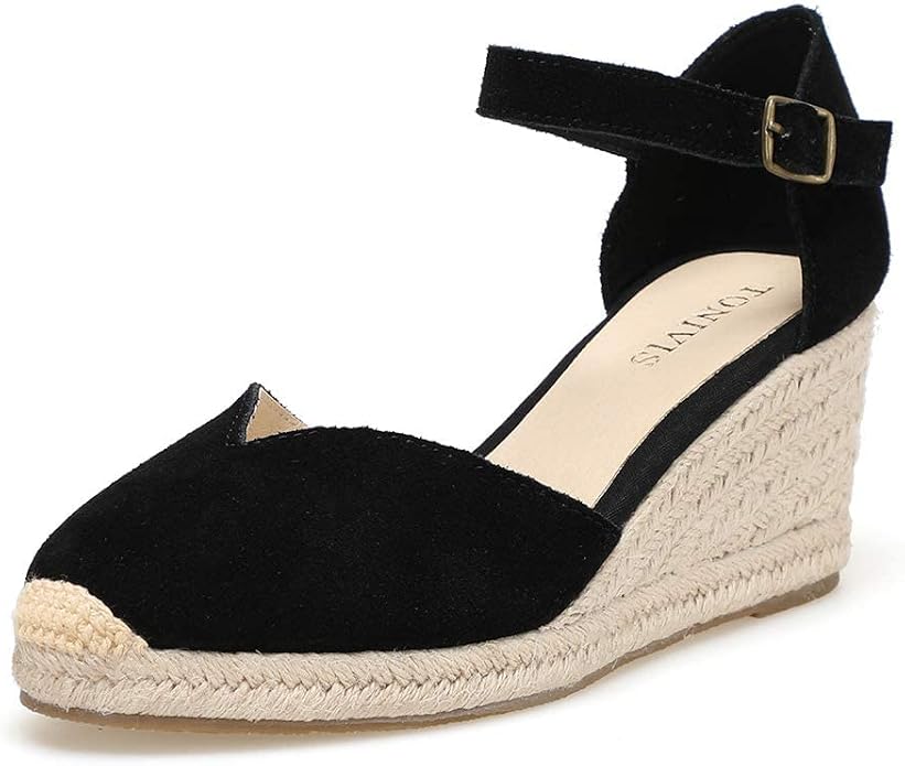 Platform Wedges Sandals for Women, Ankle-Strap, Cap Toe, Summer Espadrilles by TONIVIS