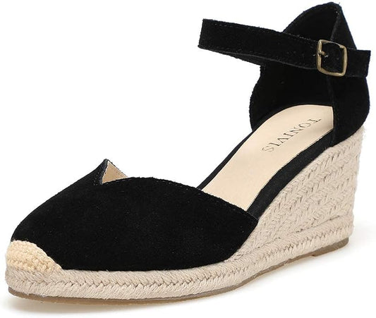 Platform Wedges Sandals for Women, Ankle-Strap, Cap Toe, Summer Espadrilles by TONIVIS
